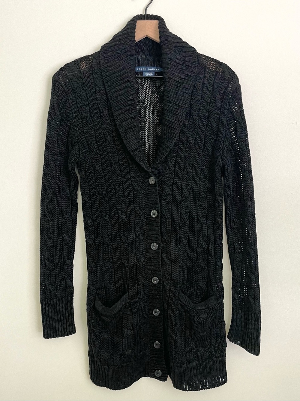 Ralph Lauren Blue Label Black Cable-Knit Shawl Collar Cardigan 100% Linen